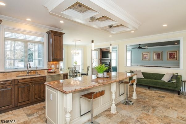Chandelier, Dining room, Interior, Kitchen, Living room, Recessed Lighting, Stainless Steel Appliances
