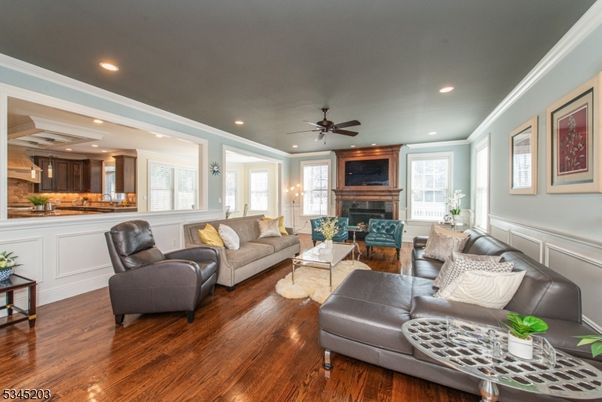 Fireplace, Interior, Kitchen, Living room, Recessed Lighting, Wood Texture Flooring