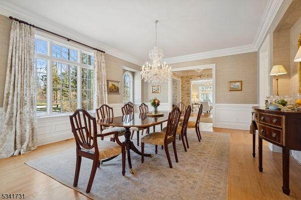 Chandelier, Dining room, Interior, Wood Texture Flooring