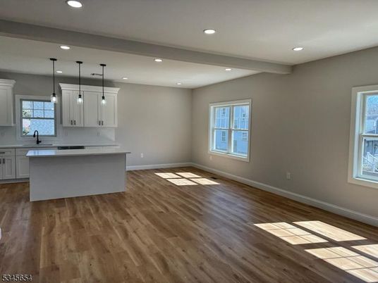 Empty room, Interior, Kitchen, Pendant Lights, Recessed Lighting, Wood Texture Flooring