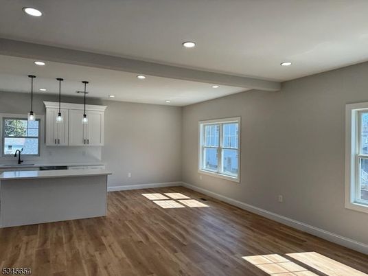 Empty room, Interior, Kitchen, Pendant Lights, Recessed Lighting, Wood Texture Flooring