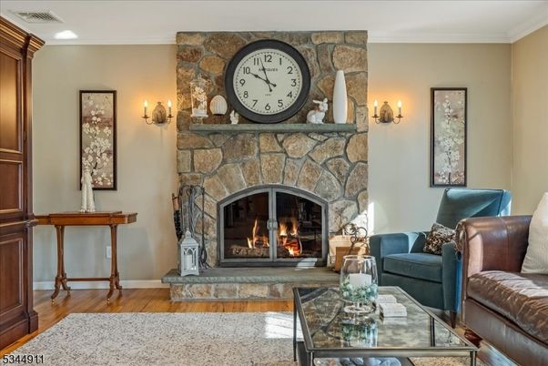 Fireplace, Interior, Living room, Stone Walls, Wood Texture Flooring