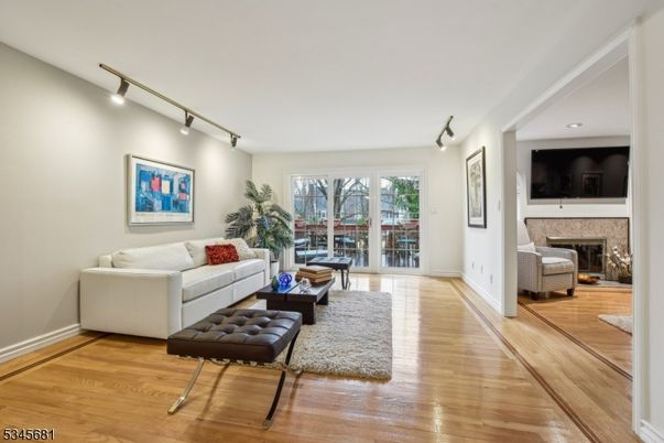 Fireplace, Interior, Living room, Recessed Lighting, Wood Texture Flooring