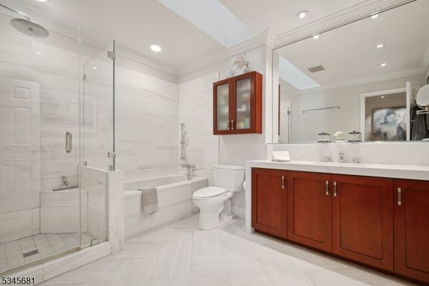 Bathroom, Dual Sink Vanities, Glass Shower, Interior, Marble, Recessed Lighting