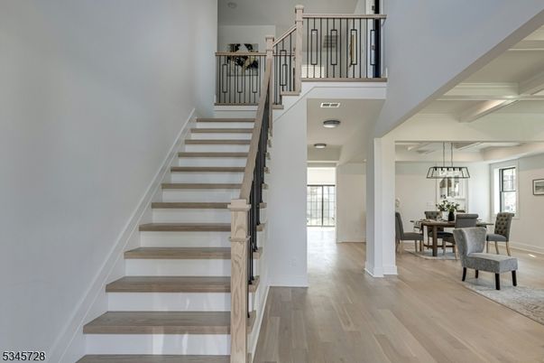 Dining room, Interior, Pendant Lights, Wood Texture Flooring