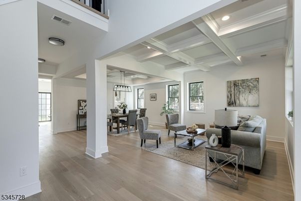 Dining room, Interior, Living room, Pendant Lights, Recessed Lighting, Wood Texture Flooring