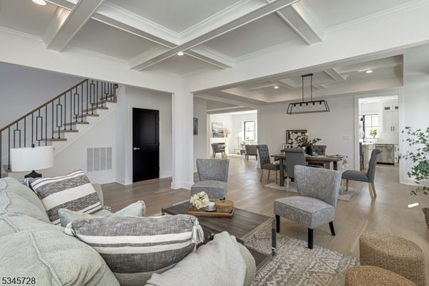 Dining room, Interior, Living room, Pendant Lights, Recessed Lighting, Wood Texture Flooring