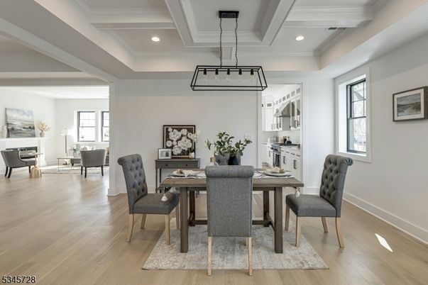 Dining room, Interior, Living room, Pendant Lights, Piano, Recessed Lighting, Wood Texture Flooring
