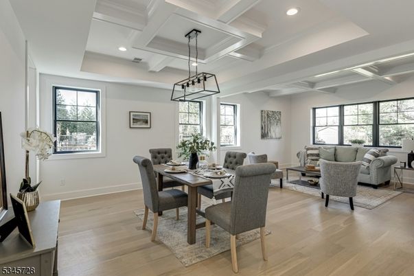 Dining room, Interior, Living room, Pendant Lights, Recessed Lighting, Wood Texture Flooring
