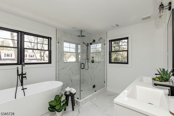 Bathroom, Free Standing Baths, Glass Shower, Interior, Marble, Marble Walls