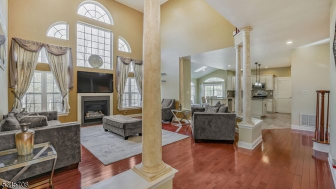 Fireplace, Interior, Kitchen, Living room, Pendant Lights, Recessed Lighting, Wood Texture Flooring