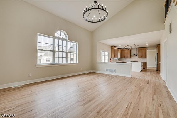 Chandelier, Empty room, Interior, Kitchen, Pendant Lights, Recessed Lighting, Wood Texture Flooring