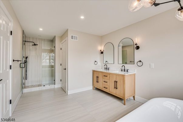 Bathroom, Dual Sink Vanities, Glass Shower, Interior, Recessed Lighting