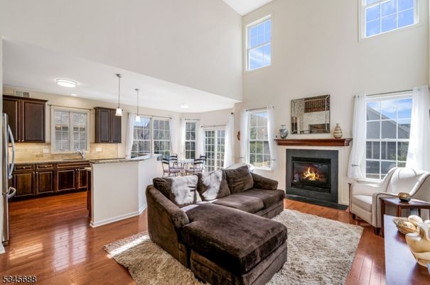 Dining room, Fireplace, Interior, Kitchen, Living room, Pendant Lights, Wood Texture Flooring