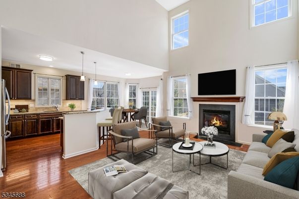 Dining room, Fireplace, Interior, Kitchen, Living room, Pendant Lights, Wood Texture Flooring