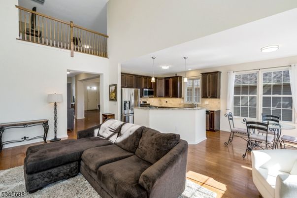 Dining room, Interior, Kitchen, Living room, Pendant Lights, Stainless Steel Appliances, Wood Texture Flooring