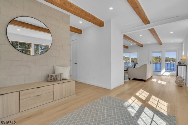 Interior, Living room, Recessed Lighting, Stone Walls, Wooden Beams, Wood Texture Flooring