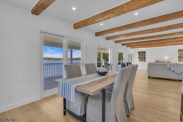 Dining room, Interior, Living room, Recessed Lighting, Water, Wooden Beams, Wood Texture Flooring