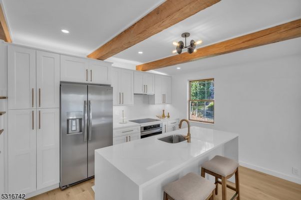 Interior, Kitchen, Pendant Lights, Recessed Lighting, Stainless Steel Appliances, Wooden Beams, Wood Texture Flooring