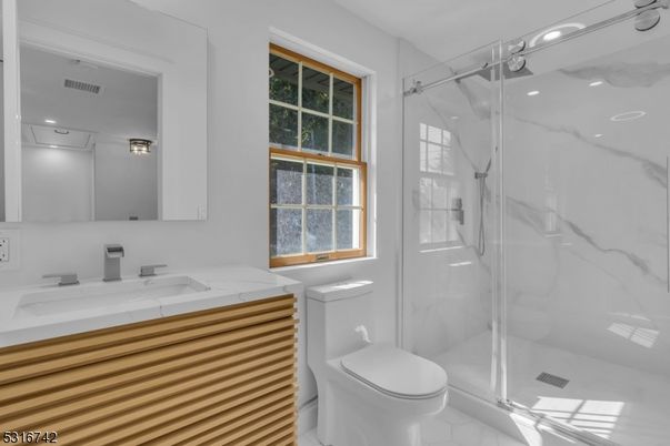 Bathroom, Glass Shower, Interior, Marble Walls, Recessed Lighting