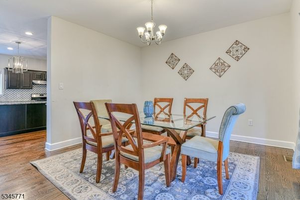 Chandelier, Dining room, Interior, Kitchen, Pendant Lights, Recessed Lighting, Wood Texture Flooring
