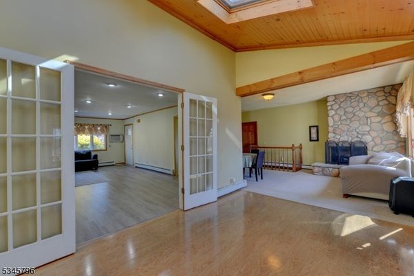 Fireplace, Interior, Recessed Lighting, Stone Walls, Wooden Beams, Wooden Ceilings, Wood Texture Flooring