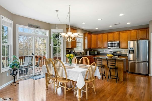 Chandelier, Dining room, Interior, Kitchen, Recessed Lighting, Stainless Steel Appliances, Wood Texture Flooring