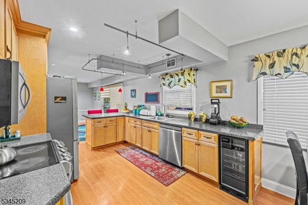 Interior, Kitchen, Pendant Lights, Recessed Lighting, Stainless Steel Appliances, Wood Texture Flooring