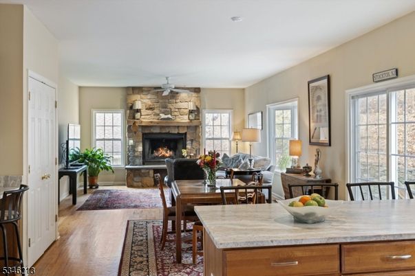 Dining room, Fireplace, Interior, Living room, Stone Walls, Wood Texture Flooring