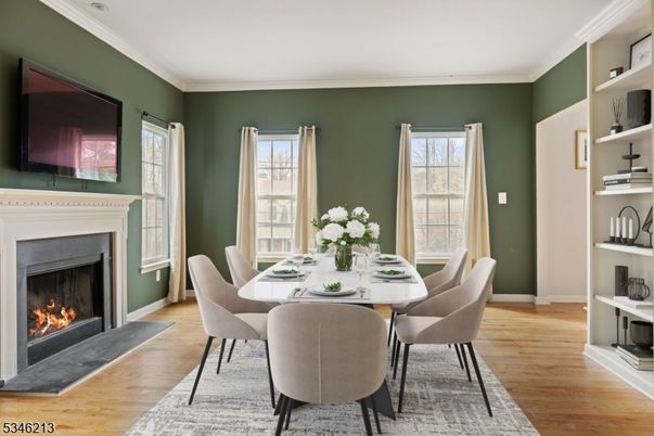 Dining room, Fireplace, Interior, Wood Texture Flooring