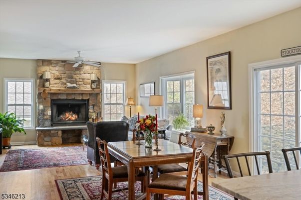 Dining room, Fireplace, Interior, Stone Walls, Wood Texture Flooring
