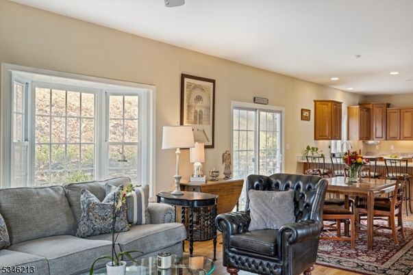 Dining room, Interior, Kitchen, Living room, Recessed Lighting, Wood Texture Flooring