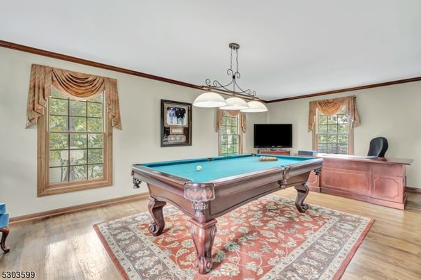 Billiard Table, Game Room, Interior, Pendant Lights, Wood Texture Flooring