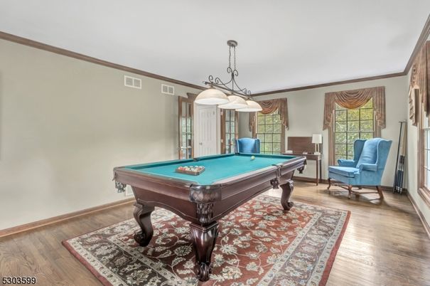 Billiard Table, Game Room, Interior, Pendant Lights, Wood Texture Flooring