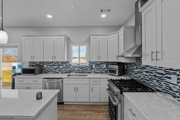Interior, Kitchen, Pendant Lights, Recessed Lighting, Stainless Steel Appliances, Wood Texture Flooring