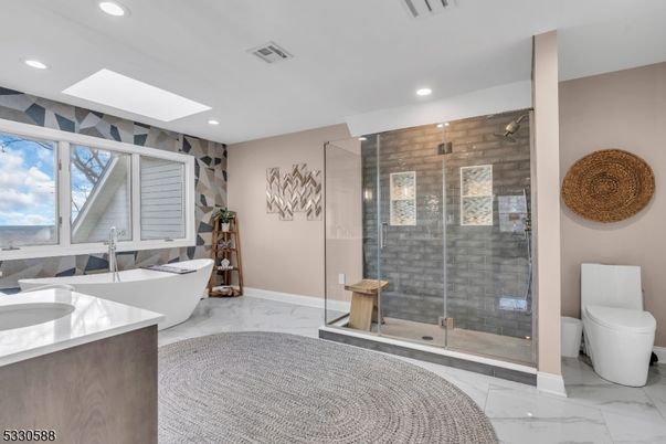 Bathroom, Free Standing Baths, Glass Shower, Interior, Marble, Recessed Lighting