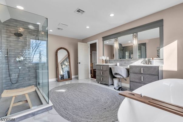 Bathroom, Dual Sink Vanities, Glass Shower, Interior, Marble, Recessed Lighting