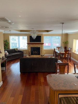 Dining room, Fireplace, Interior, Living room, Wood Texture Flooring