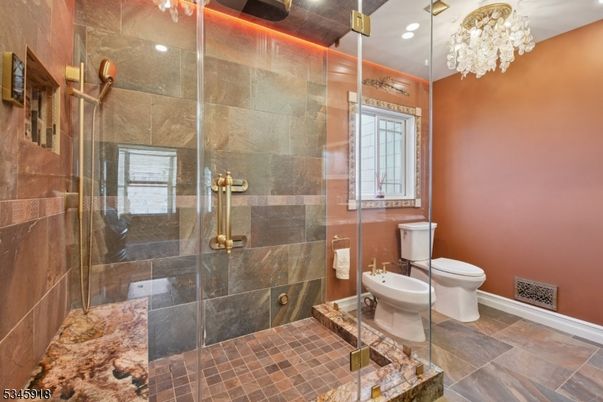 Bathroom, Chandelier, Glass Shower, Interior, Recessed Lighting
