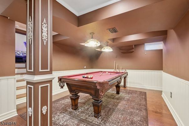 Billiard Table, Game Room, Interior, Pendant Lights, Wood Texture Flooring