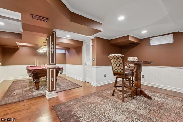 Billiard Table, Game Room, Interior, Pendant Lights, Recessed Lighting, Wood Texture Flooring