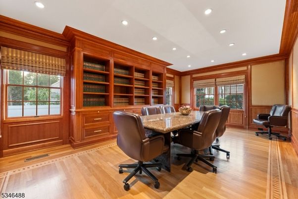 Home Office, Interior, Recessed Lighting, Wood Texture Flooring, Wooden Walls