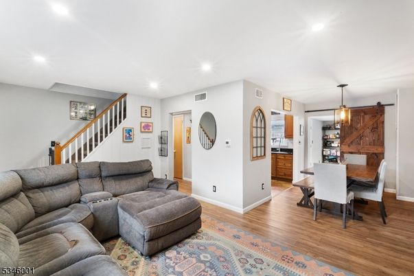 Dining room, Interior, Living room, Pendant Lights, Recessed Lighting, Wood Texture Flooring