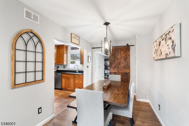 Dining room, Interior, Kitchen, Pendant Lights, Wood Texture Flooring