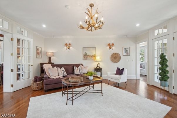 Chandelier, Interior, Living room, Recessed Lighting, Wood Texture Flooring