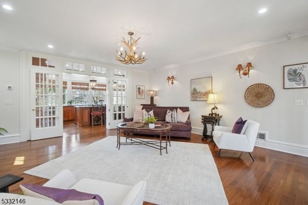 Chandelier, Interior, Living room, Recessed Lighting, Wood Texture Flooring