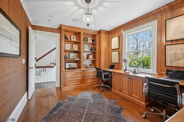 Home Office, Interior, Pendant Lights, Recessed Lighting, Wood Texture Flooring, Wooden Walls