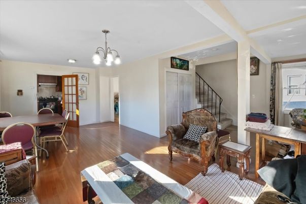 Chandelier, Dining room, Interior, Wood Texture Flooring