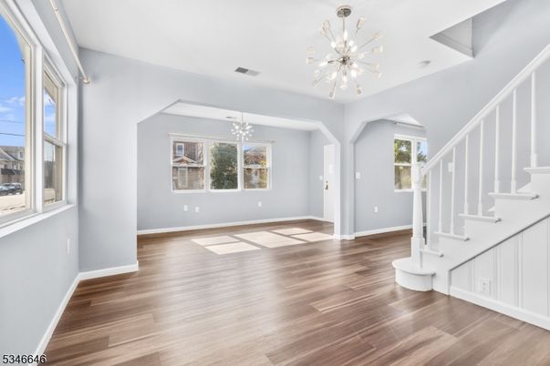 Chandelier, Empty room, Interior, Pendant Lights, Wood Texture Flooring