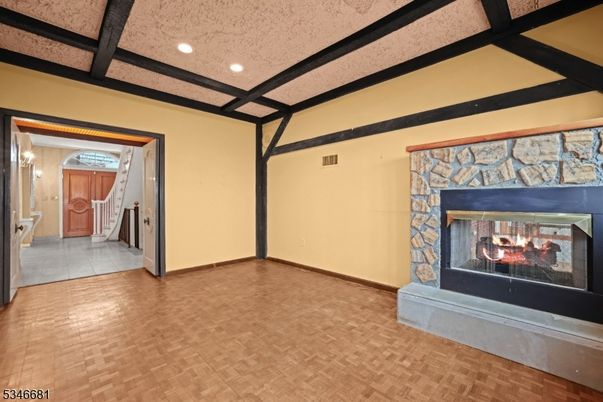 Empty room, Fireplace, Interior, Recessed Lighting, Wood Texture Flooring
